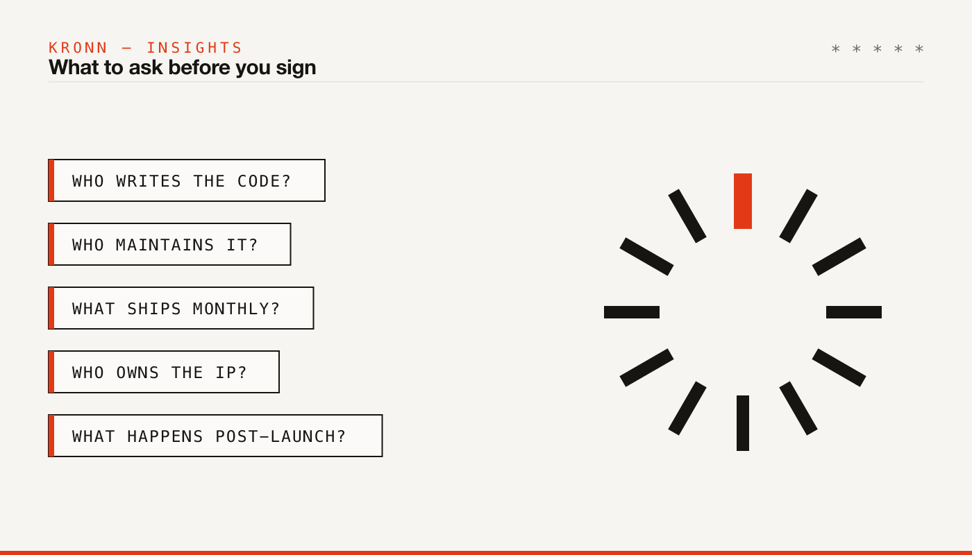 What to ask before signing: who writes the code, who maintains it, what ships, who owns the IP