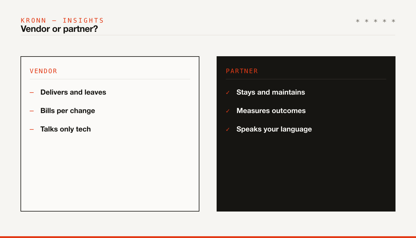 Vendor or partner: delivers and leaves versus stays and measures outcomes